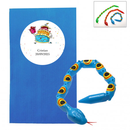 Cobra de brinquedo infantil articulada com envelope de apresentação e adesivo de aniversário