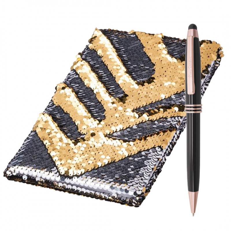 Caderno reversível de lantejoulas Pierre Cardin com caneta Caderno reversível de lantejoulas Pierre Cardin com caneta