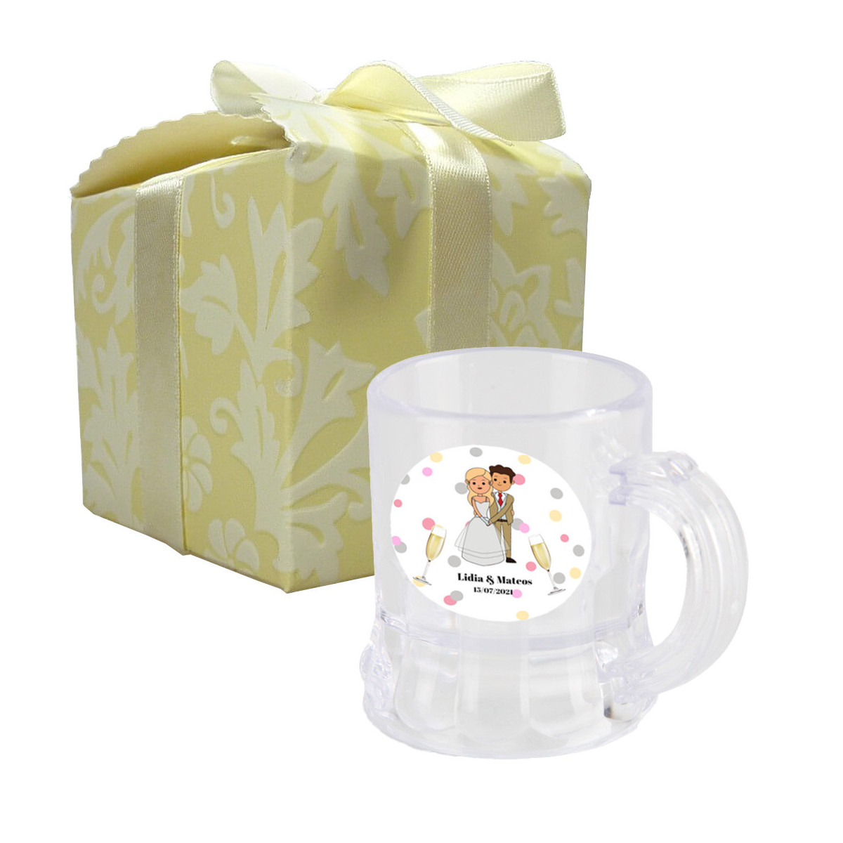 Copo de shot em uma caixa bonita com um pequeno adesivo de casamento personalizado