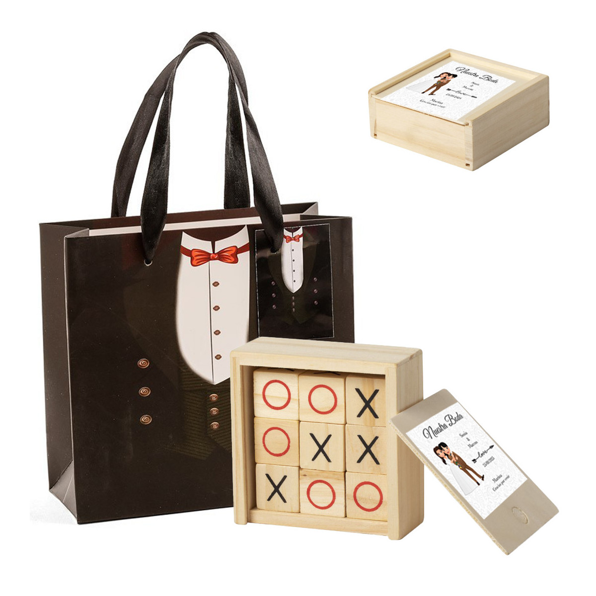 Dedo da velha de madeira com caixa personalizada com adesivo de casamento e sacola de presente masculina