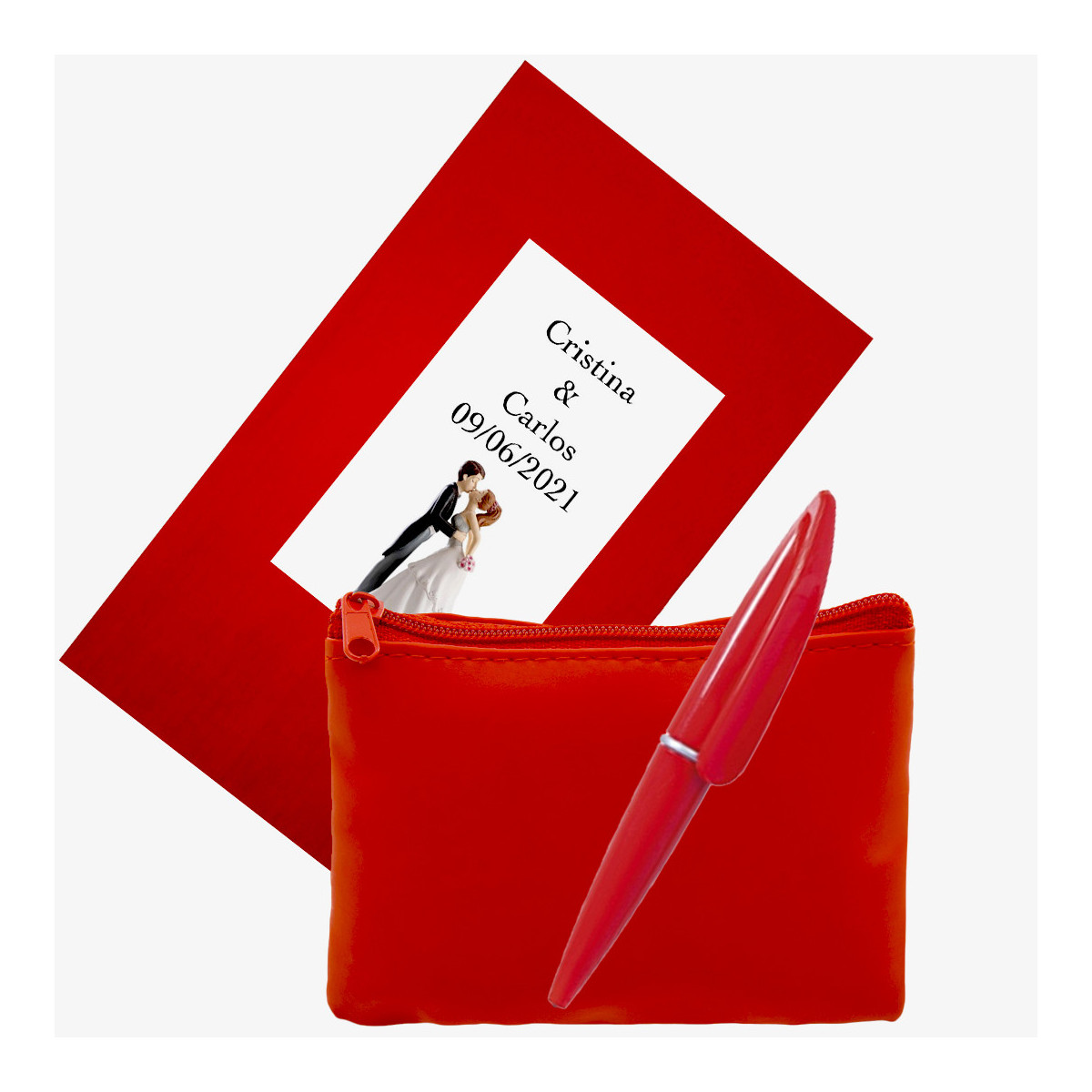 Bolsa vermelha intensa com caneta pequena correspondente apresentada em saco de papel para presente com adesivo para casamentos