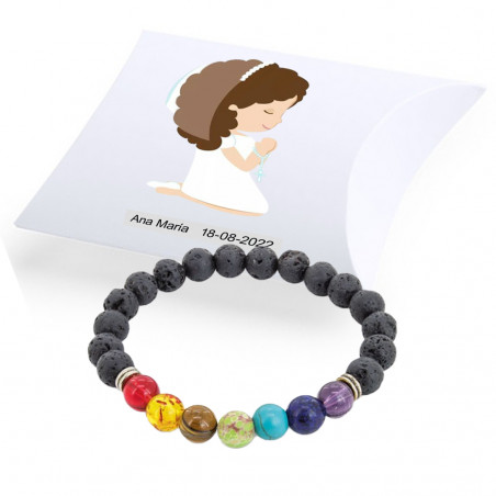 Pulseira de pedra vulcânica de 7 chakras em caixa branca...