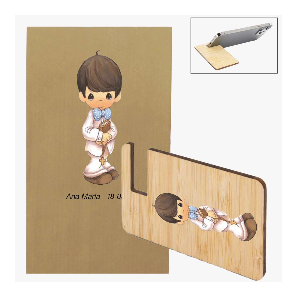 Suporte plano para celular decorado com adesivos de comunhão personalizados
