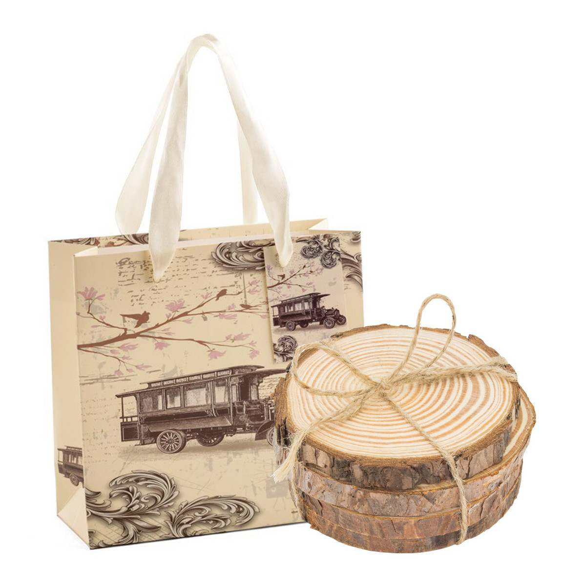 Porta copos de madeira com cordão de juta e saco de papel estilo vintage