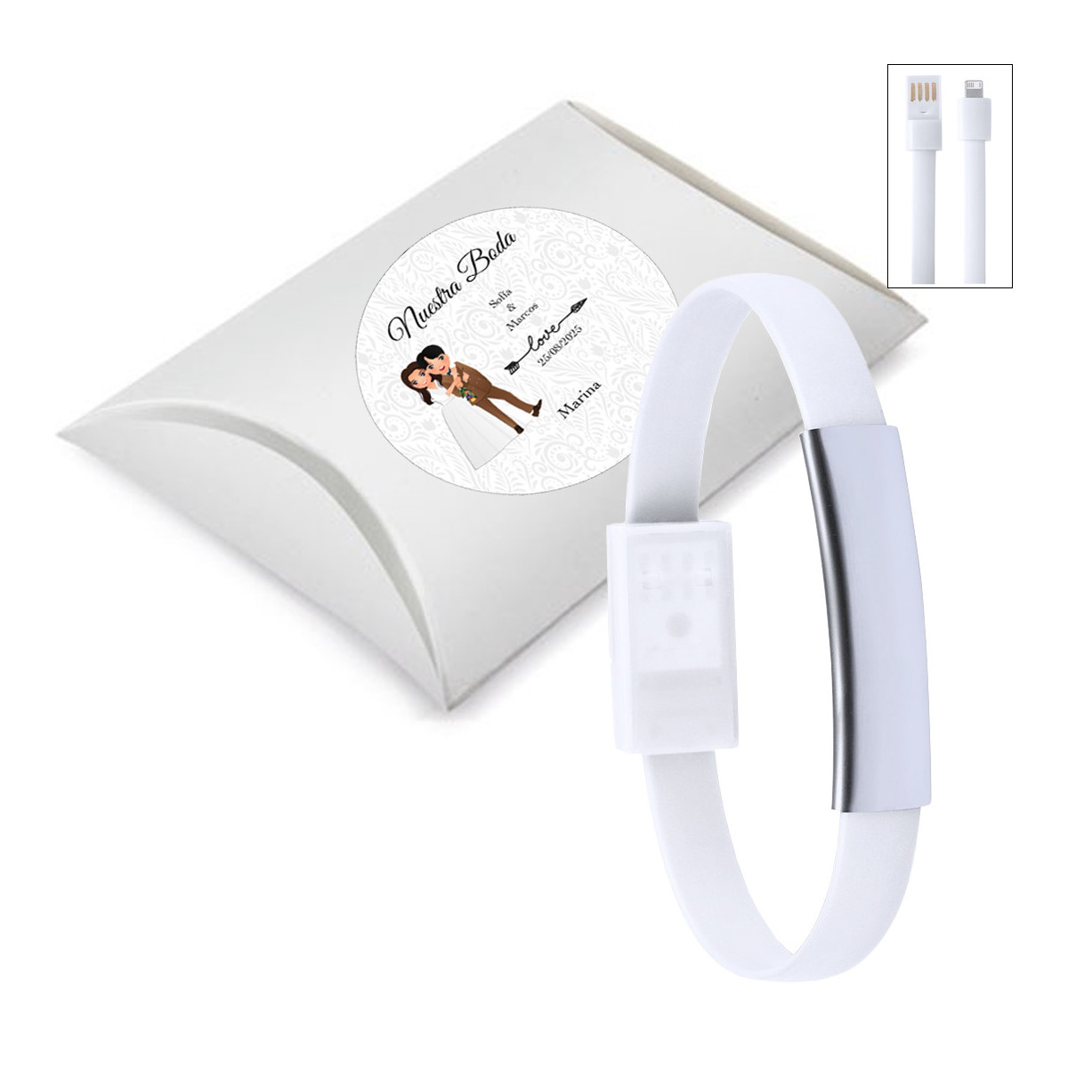 Pulseira carregadora de celular branca apresentada em caixa prateada e adesivo personalizado para casamentos