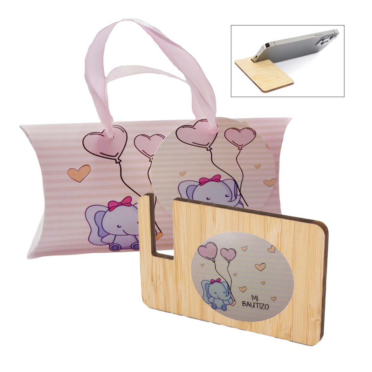 Suporte móvel para mesa plana e bolso decorado para detalhe de batizado