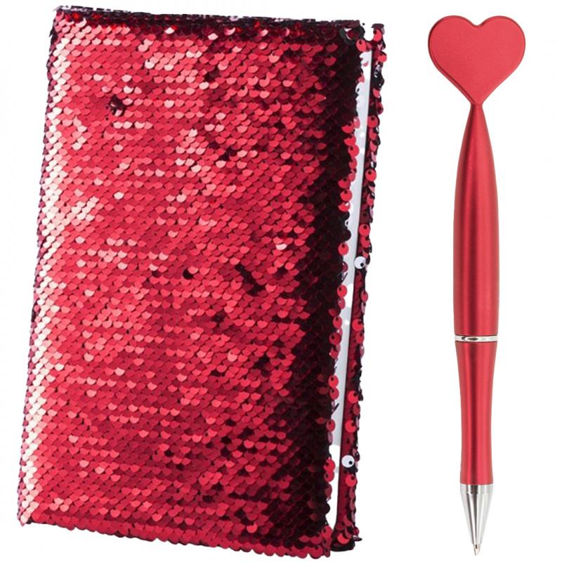 Caderno reversível de lantejoulas vermelho brilhante com caneta em formato de coração