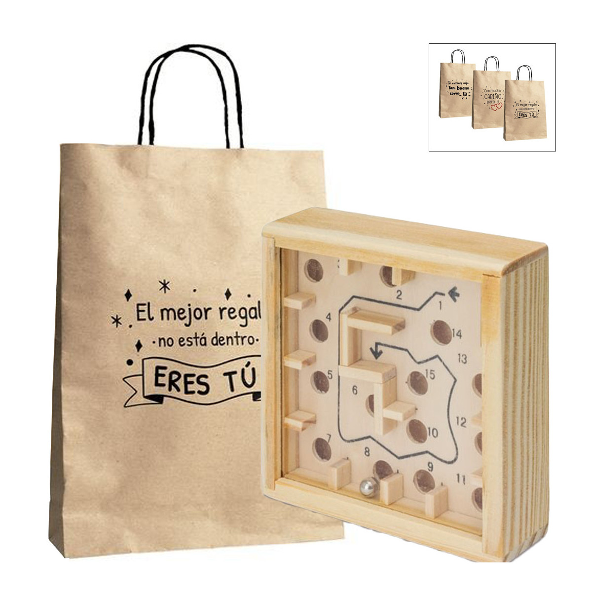 Labirinto com bolinhas de gude em caixa de madeira e apresentado em saco de papel com mensagens