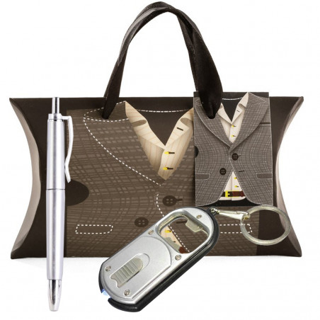Chaveiro lanterna com abridor de garrafas e caneta na cor prata apresentado em caixa de presente