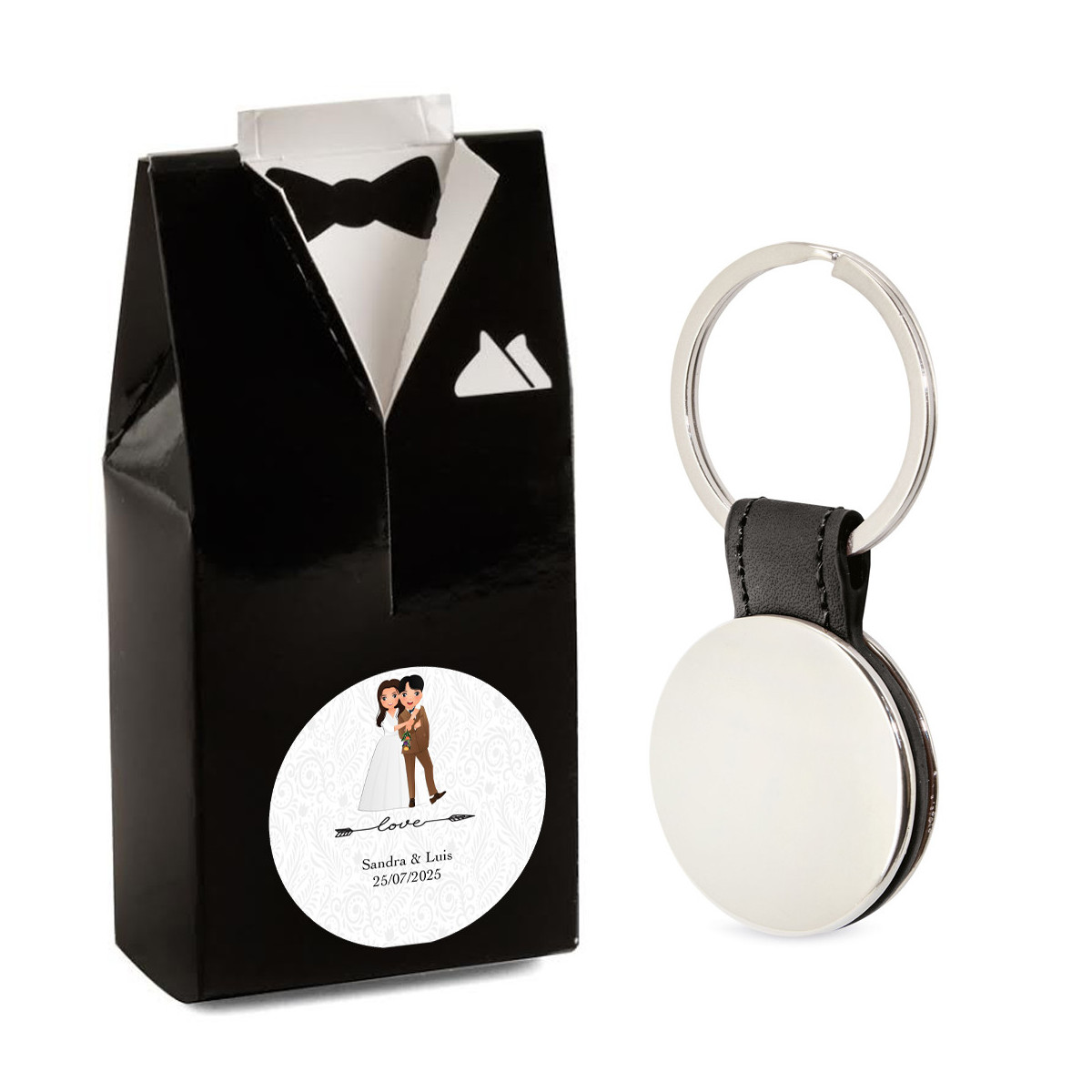 Chaveiro elegante para homens em caixa de presente com design de smoking e adesivo de casamento personalizável