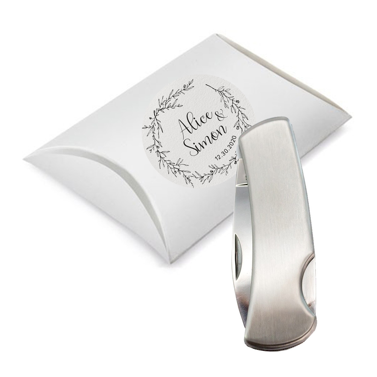 Canivete de aço inoxidável na cor prata em caixa de presente com adesivo personalizado