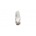 Canivete de bolso em aço inoxidável prateado em caixa de presente com adesivo personalizado.