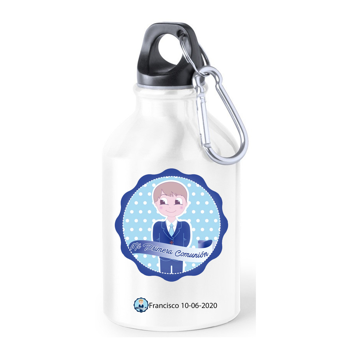 Garrafas de água metálicas para comunhão com adesivos decorativos para uma comunhão personalizada para meninos.