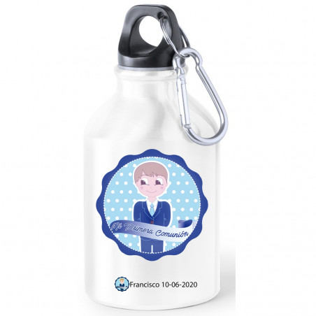 Garrafas de água metálicas para comunhão com adesivos decorativos para uma comunhão personalizada para meninos.