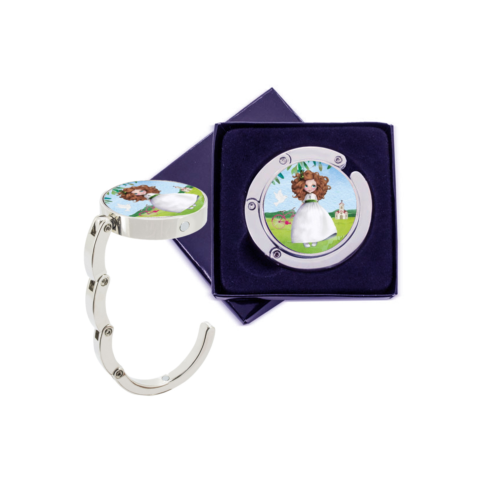 Cabide de bolsa dobrável em caixa de presente com adesivo de 3 cm para uma imagem personalizada