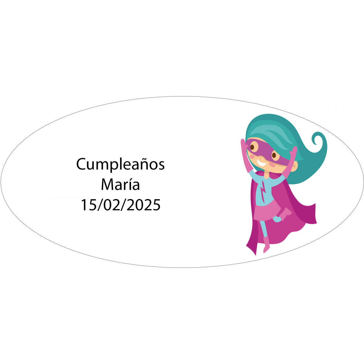 Adesivo ovalado menina super-heroína personalizado com nome e data