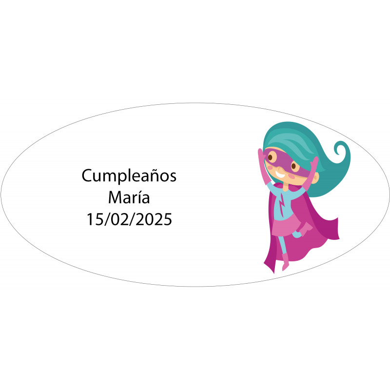 Adesivo ovalado menina super-heroína personalizado com nome e data