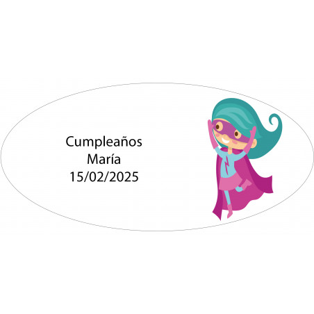 Adesivo oval de menina super-herói personalizado com nome e data - 4,2x2,2cm