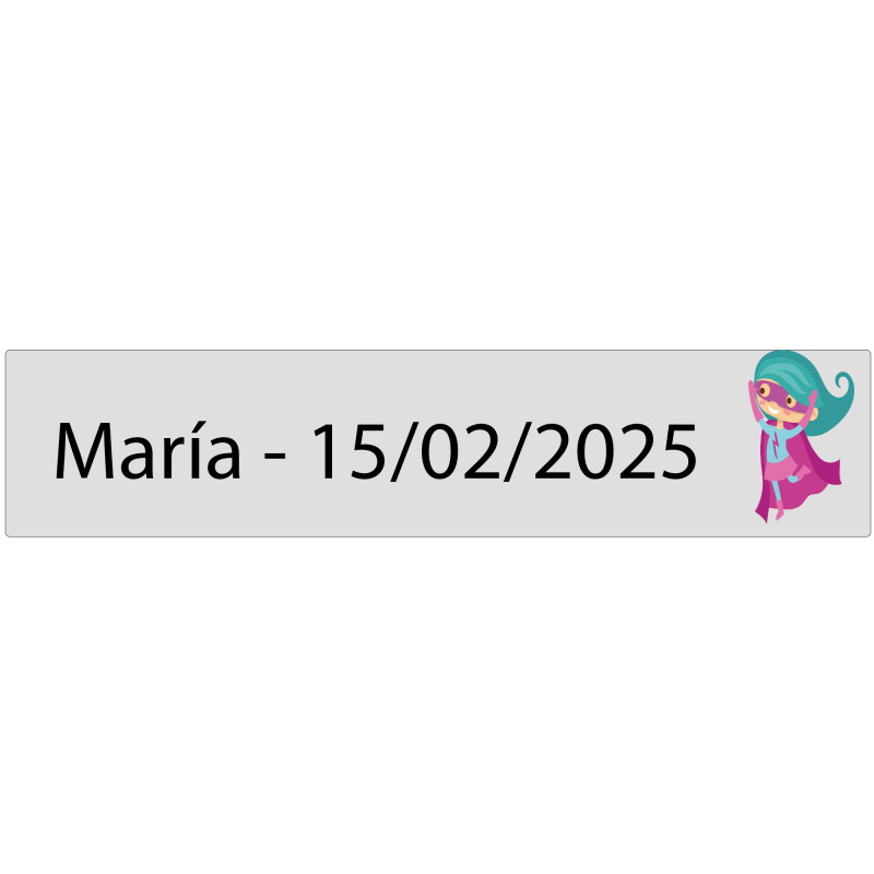 Adesivo retangular transparente 5 x 1 menina superheroína personalizado com nome e data