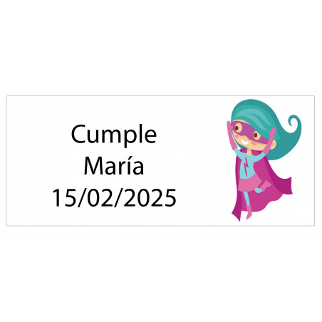 Adesivo retangular menina superheroína 5 x 3 personalizado com nome e data
