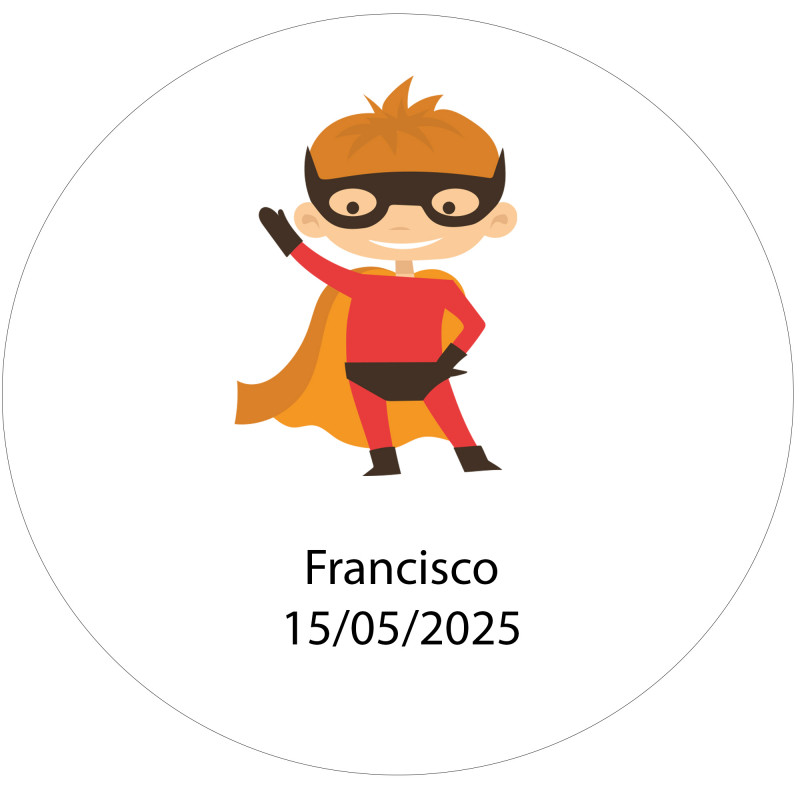 Adesivo de super-herói redondo de 3 cm personalizado com nome e data