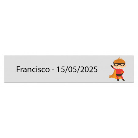 Adesivo retangular transparente 5 x 1 super-herói personalizado com nome e data