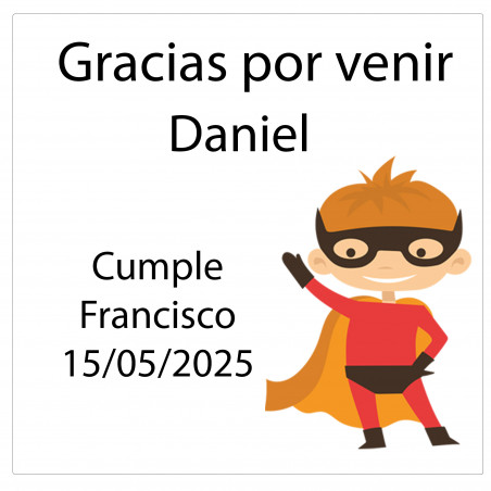 Adesivo quadrado personalizado com nome do convidado e frase de agradecimento design de super-herói