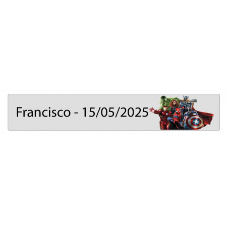 Adesivo retangular transparente 5 x 1 avengers personalizado com nome e data