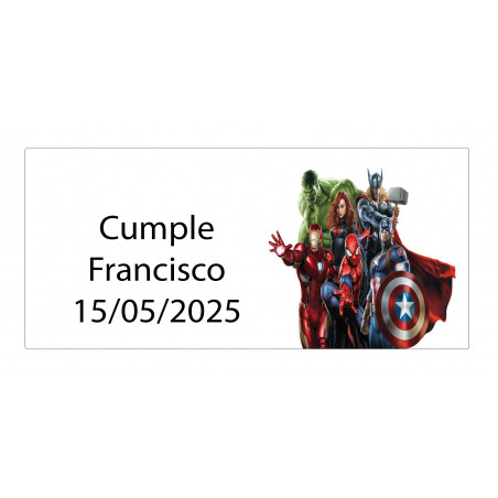 Adesivo retangular dos Vingadores 5 x 3 personalizado com nome e data