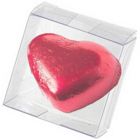 Caixa em formato de coração com bombons e caixa transparente com adesivo personalizado