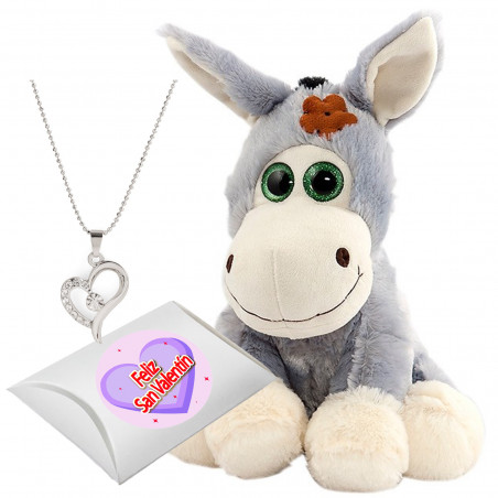 Pingente de pelúcia de burro e coração prateado em caixa de papelão para presente com adesivo para o dia dos namorados