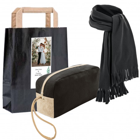 Necessaire de homem grande com cachecol em bolsa de presente personalizada com adesivo com imagem pacote presente