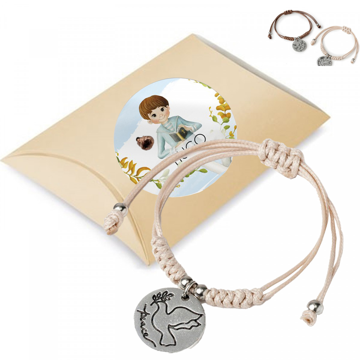 Pulseira de corda feminina com medalha pendente apresentada em caixa de presente com adesivo de comunhão personalizado