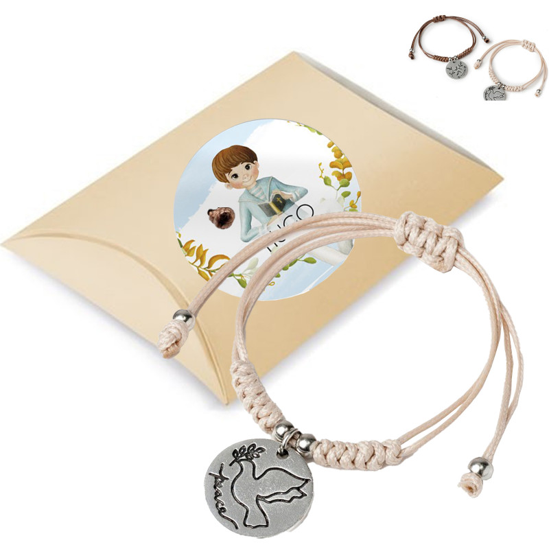 Pulseira de corda feminina com medalha pendente apresentada em caixa de presente com adesivo de comunhão personalizado