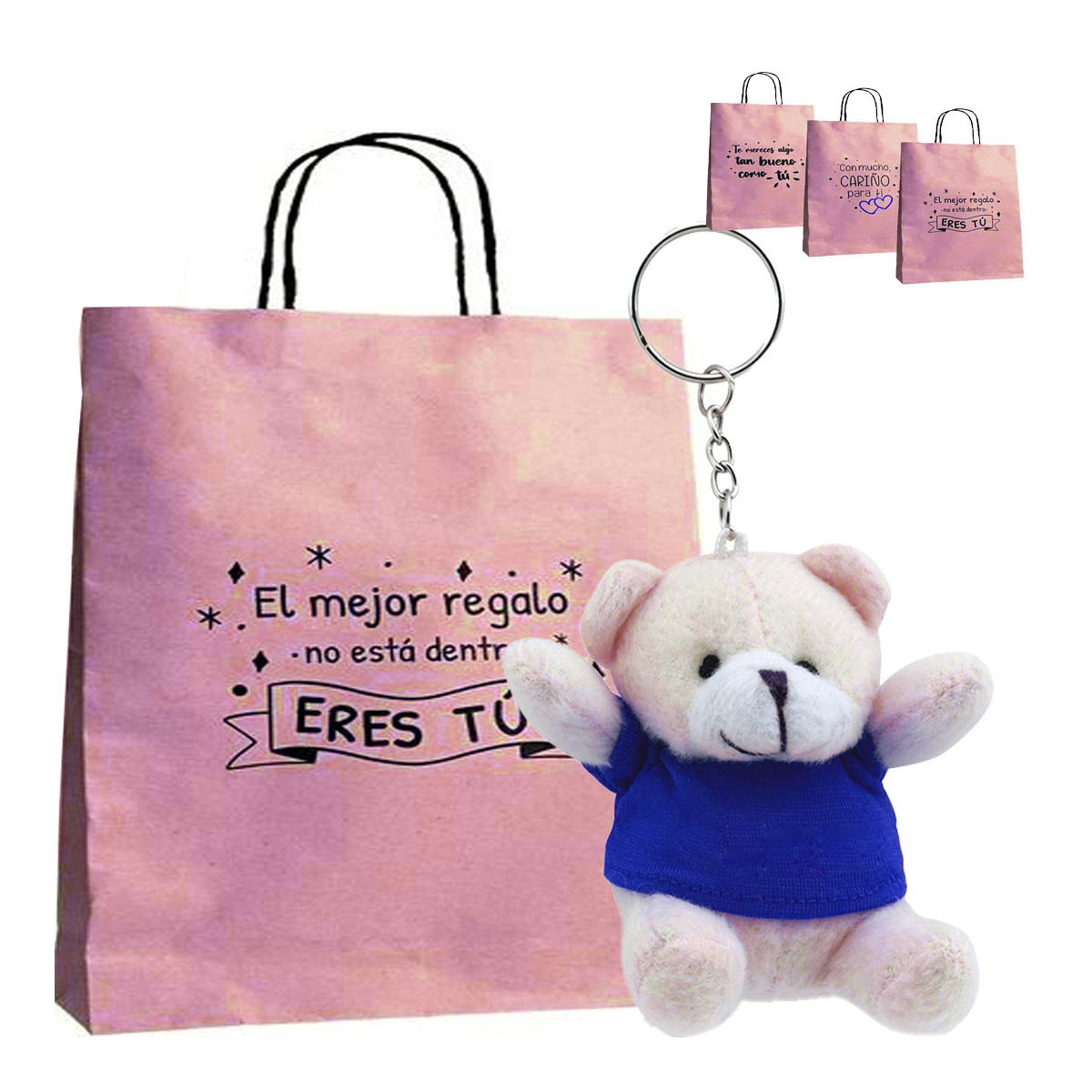 Chaveiro de pelúcia urso com camiseta em bolsa de presente