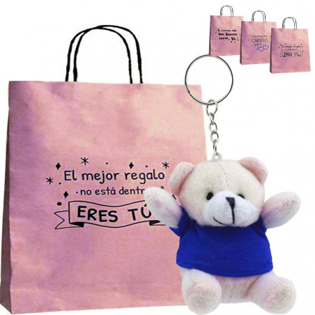 Chaveiro de pelúcia urso com camiseta em bolsa de presente