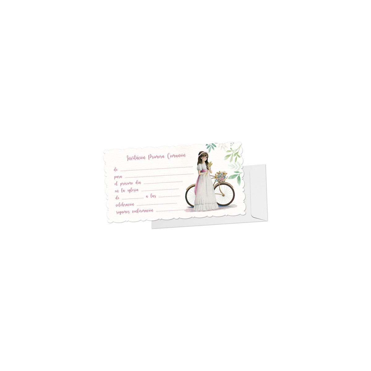 Convite blister 10 + envelope de comunhão bicicleta menina