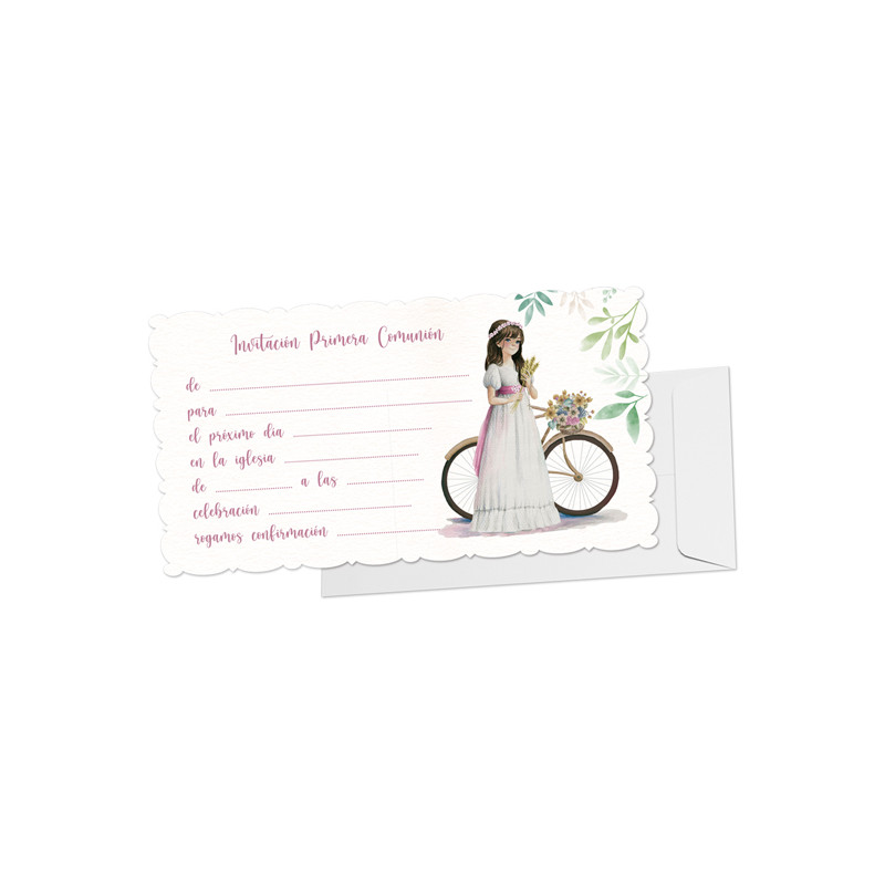 Convite blister 10 + envelope de comunhão bicicleta menina