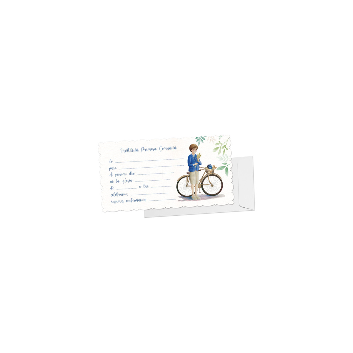 Convite blister 10 + envelope de comunhão bicicleta infantil
