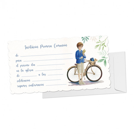 Convite blister 10 + envelope de comunhão bicicleta infantil