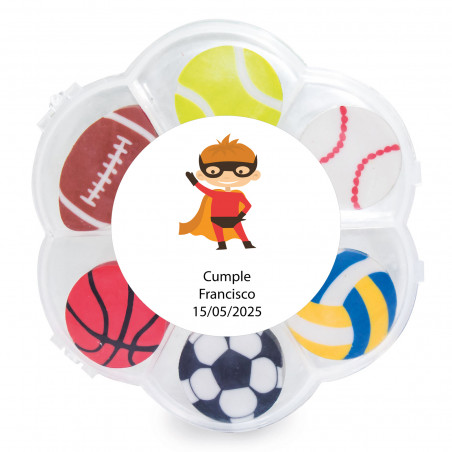 Borrachas com diferentes formatos de bolas esportivas com adesivo para personalizar o evento