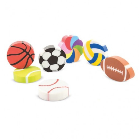 Borrachas com diferentes formatos de bolas esportivas com adesivo para personalizar o evento