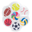 Borrachas com diferentes formatos de bolas esportivas com adesivo para personalizar o evento