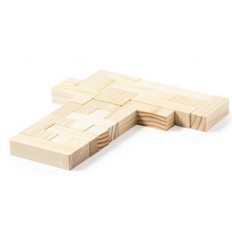 Quebra cabeça de tetris de madeira apresentado em uma caixa