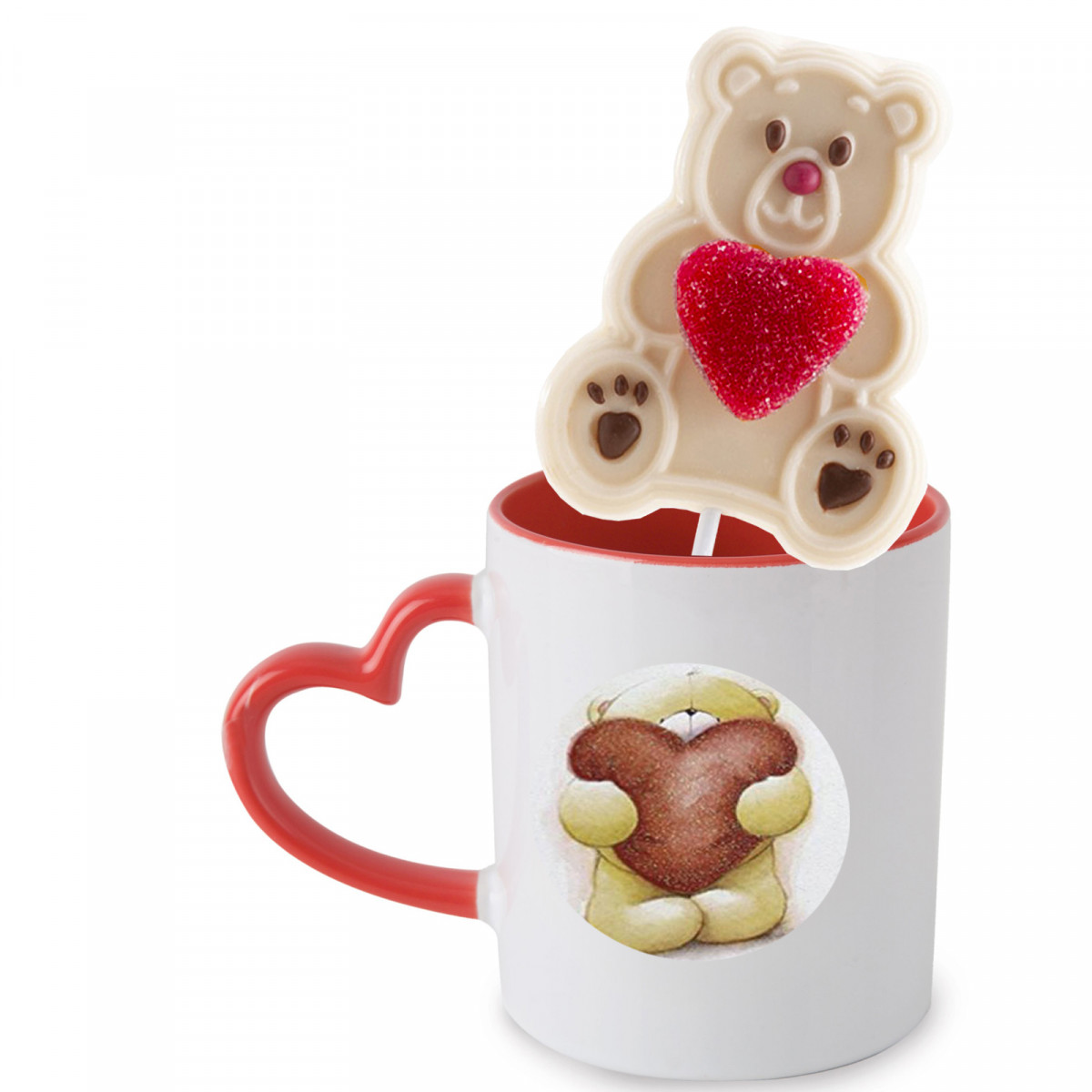 Caneca em formato de coração com pirulito de urso de chocolate e ursinho de goma personalizado em formato de coração