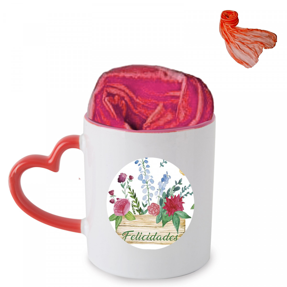 Caneca personalizada com alça de coração e lenço vermelho para presente