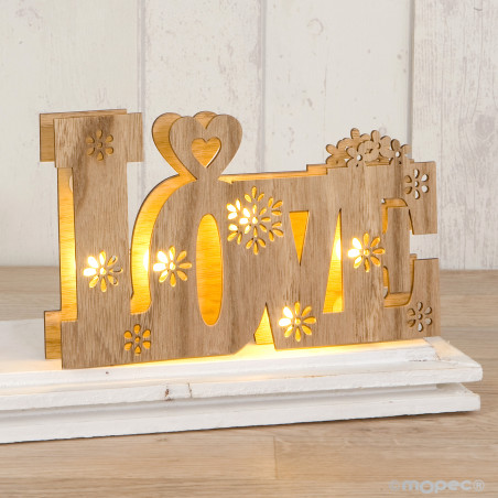 Amor em madeira com luzes led 21x13cm.incl. 2 baterias
