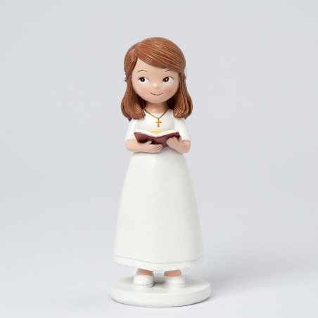 Figura bolo de comunhão menina com vestido branco e bíblia 13cm.