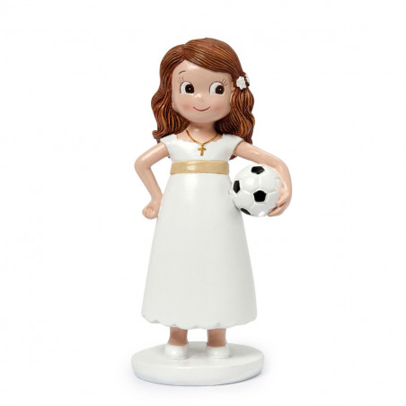 Figura bolo de comunhão menina com bola de futebol 13cm.