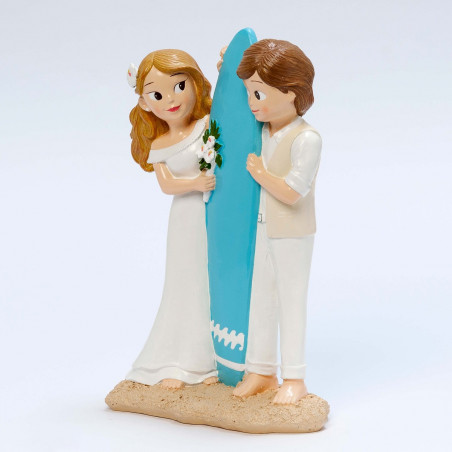 Figura pastel casamento na praia com prancha de surf